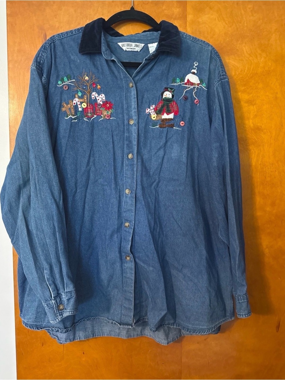 Victoria Jones Woman Snowman Christmas Blue Denim Embroidered Jean Jacket
